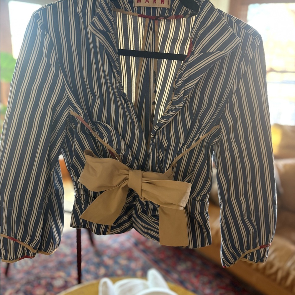 Marni Blue and Tan Striped Jacket with Bow